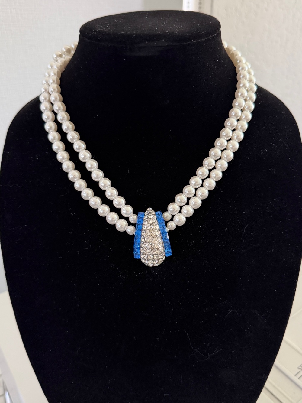 Vintage Double Strand Faux Pearl & Sapphire Blue Rhinestone Necklace